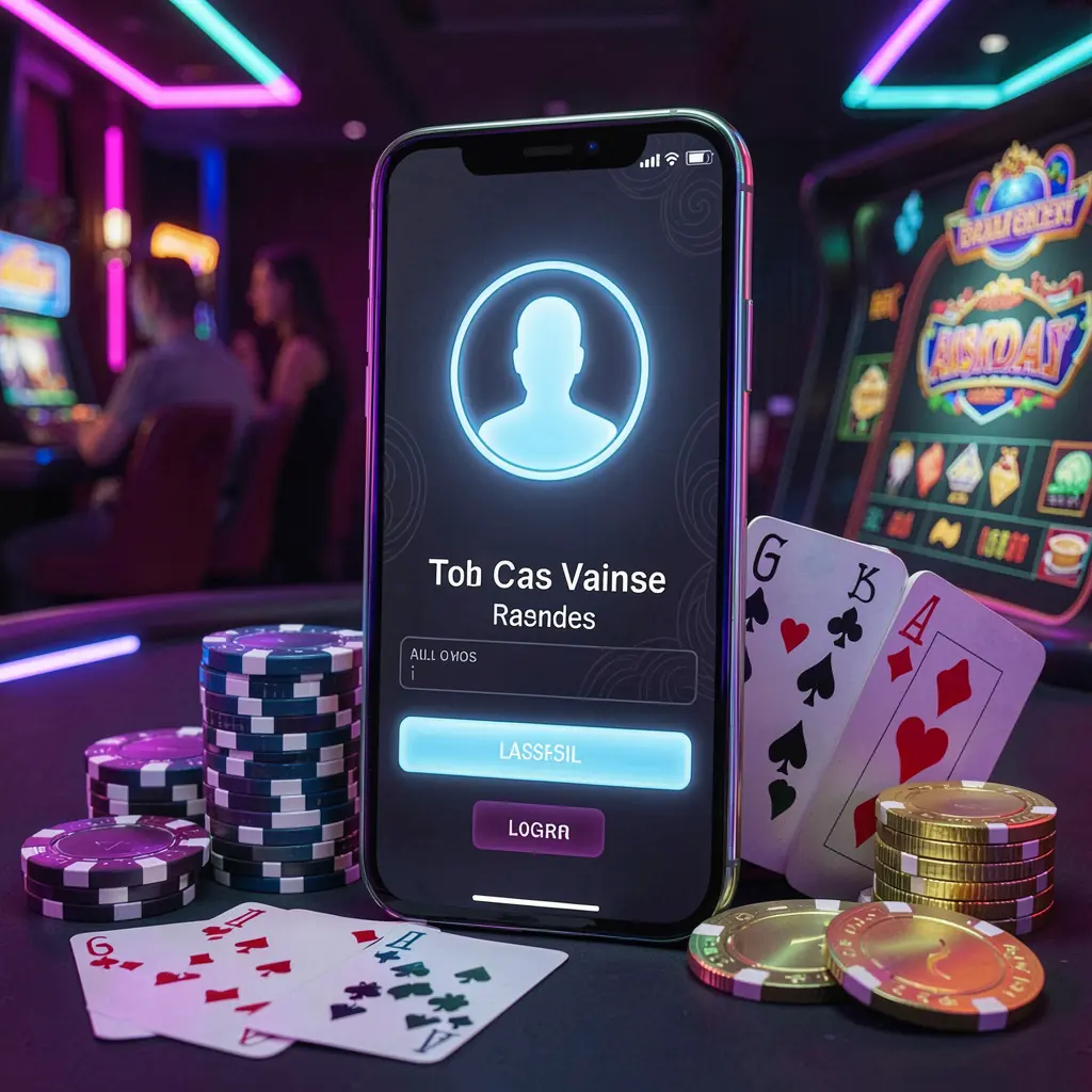KUL8 casino app login scene on smartphone with glowing user profile icon, surrounded by chips, cards, and coins against an elegant dark background with neon highlights