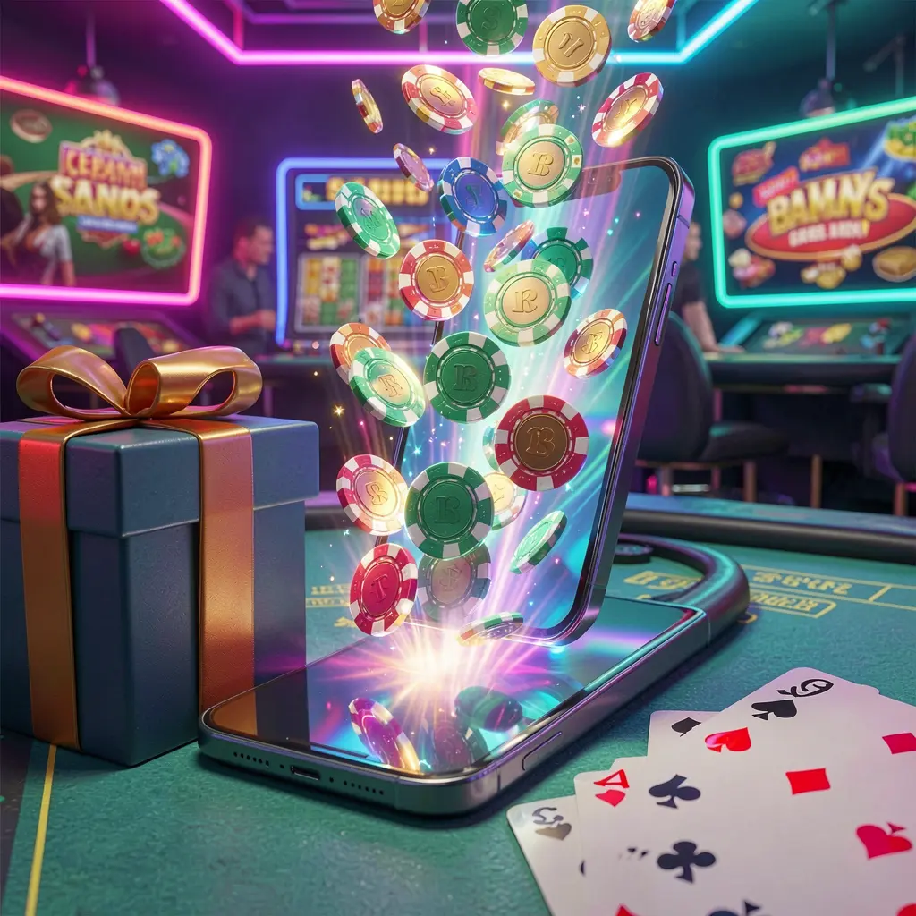 KUL8 mobile casino bonus scene with a modern smartphone displaying glowing casino chips and coins emerging from the screen, surrounded by a gift box and playing cards in a bright neon casino atmosphere