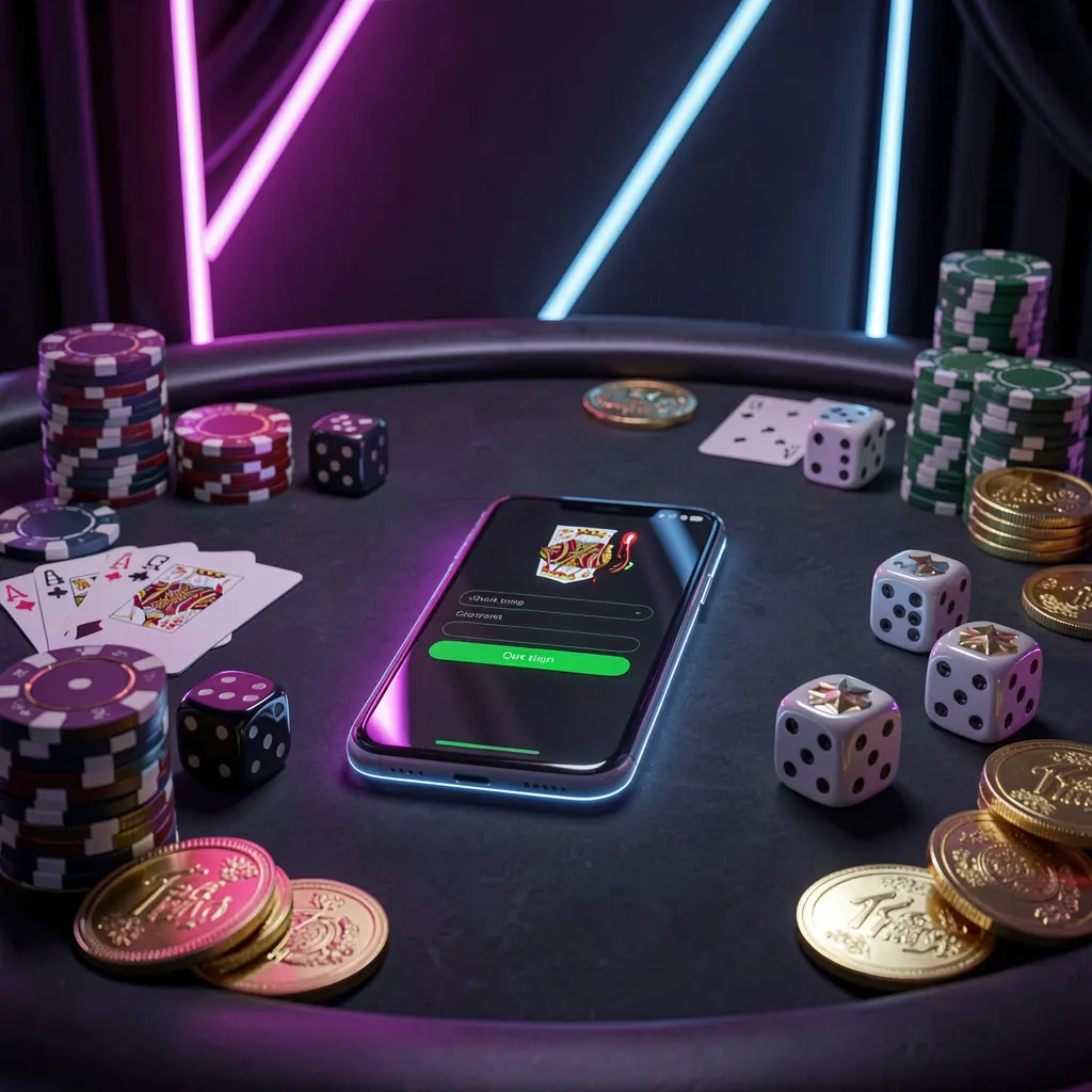 KUL8 casino account sign in scene with a glowing smartphone on a casino table surrounded by cards, chips, dice, and gold coins, set against an elegant dark background with neon highlights in a realistic 3D render