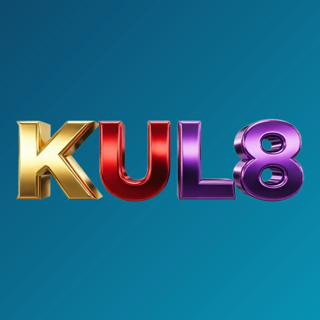 Bright premium KUL8 logo with thick uppercase typography in vivid gold, red, and purple colors, polished metallic finish on a transparent background, designed as a wide horizontal rectangular wordmark for website header