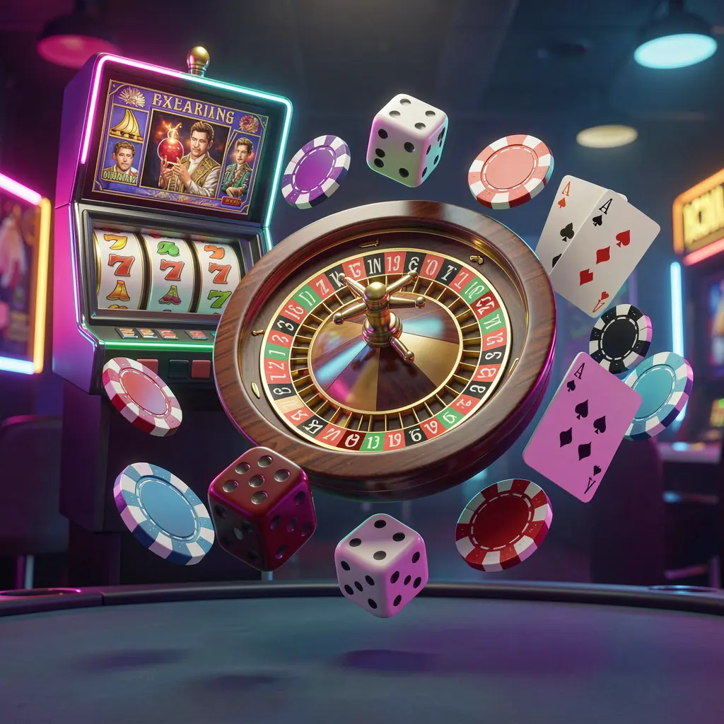 KUL8 casino games collection homepage visual featuring a colorful neon-lit slot machine, roulette wheel, dice, playing cards, and poker chips floating together in a premium 3D render